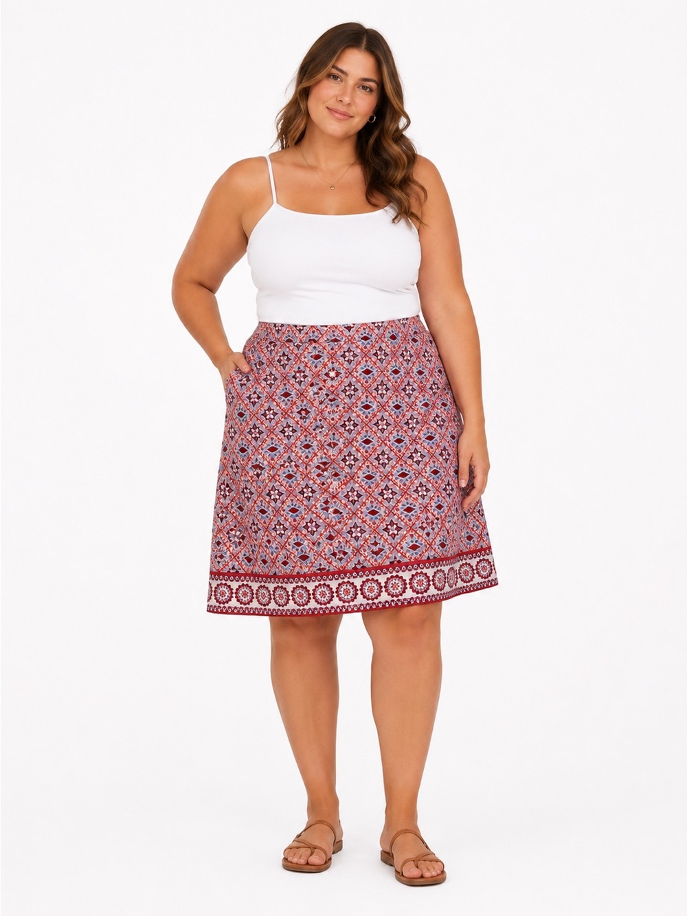 Talbots Size 16 Red Blue Geometric Print A-Line Skirt Lined Cotton Stretch